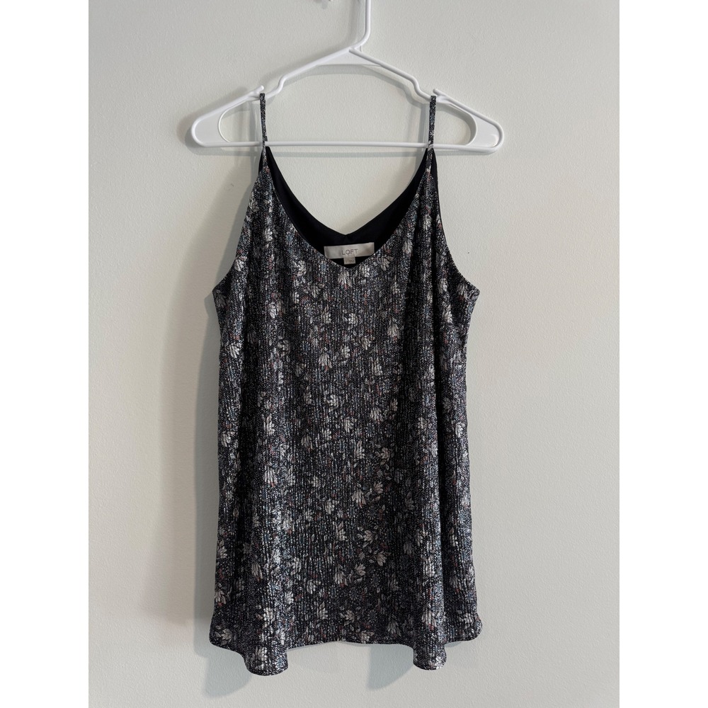 Loft Floral‎ Metallic Plisse Camisole Women Size L Black Shimmer V-Neck evening